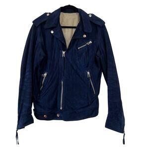 Martin Asbjorn Suede Leather Fringe Moto Biker Jacket Navy Blue Silver Sz Large